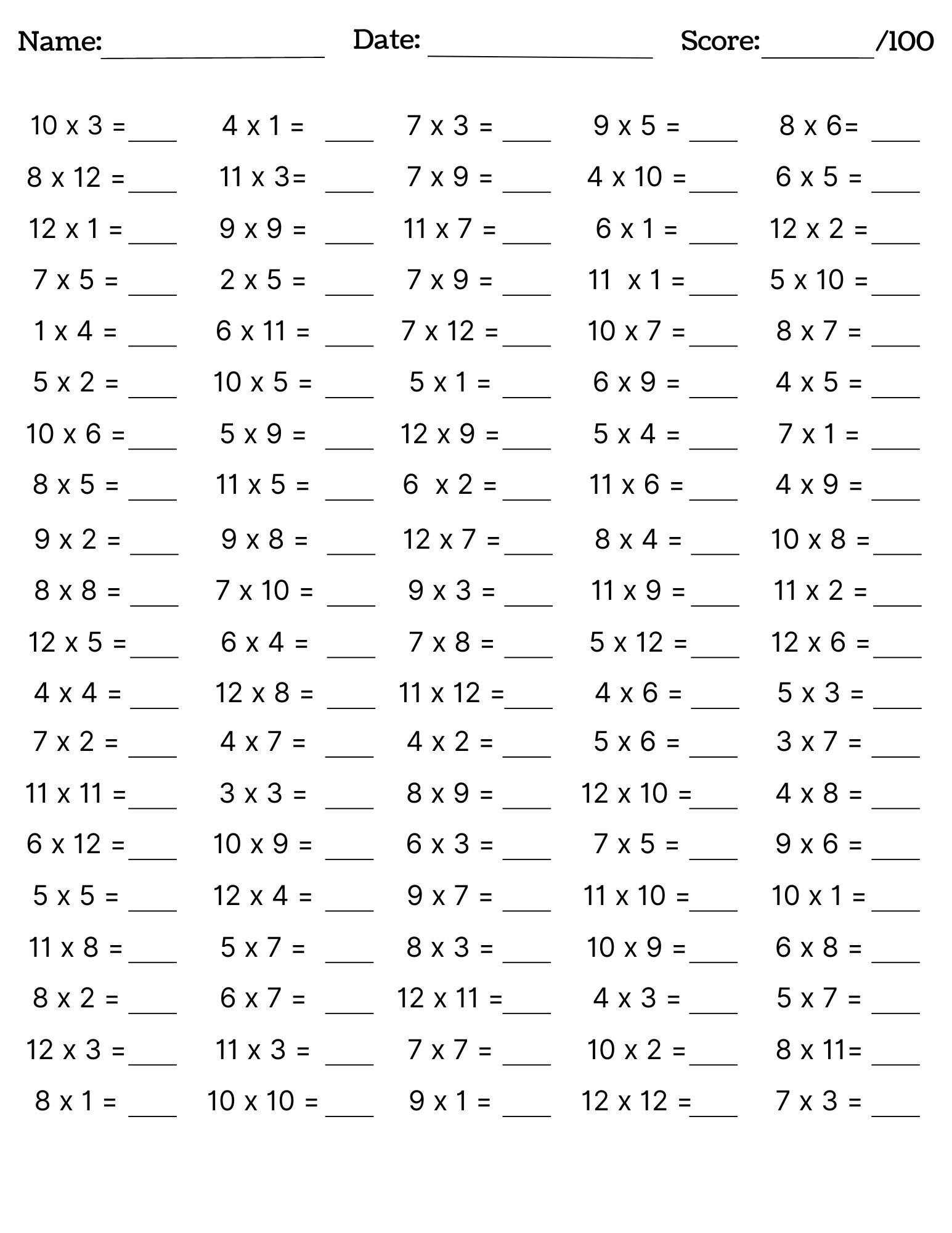 times tables worksheets 1 12 printable
