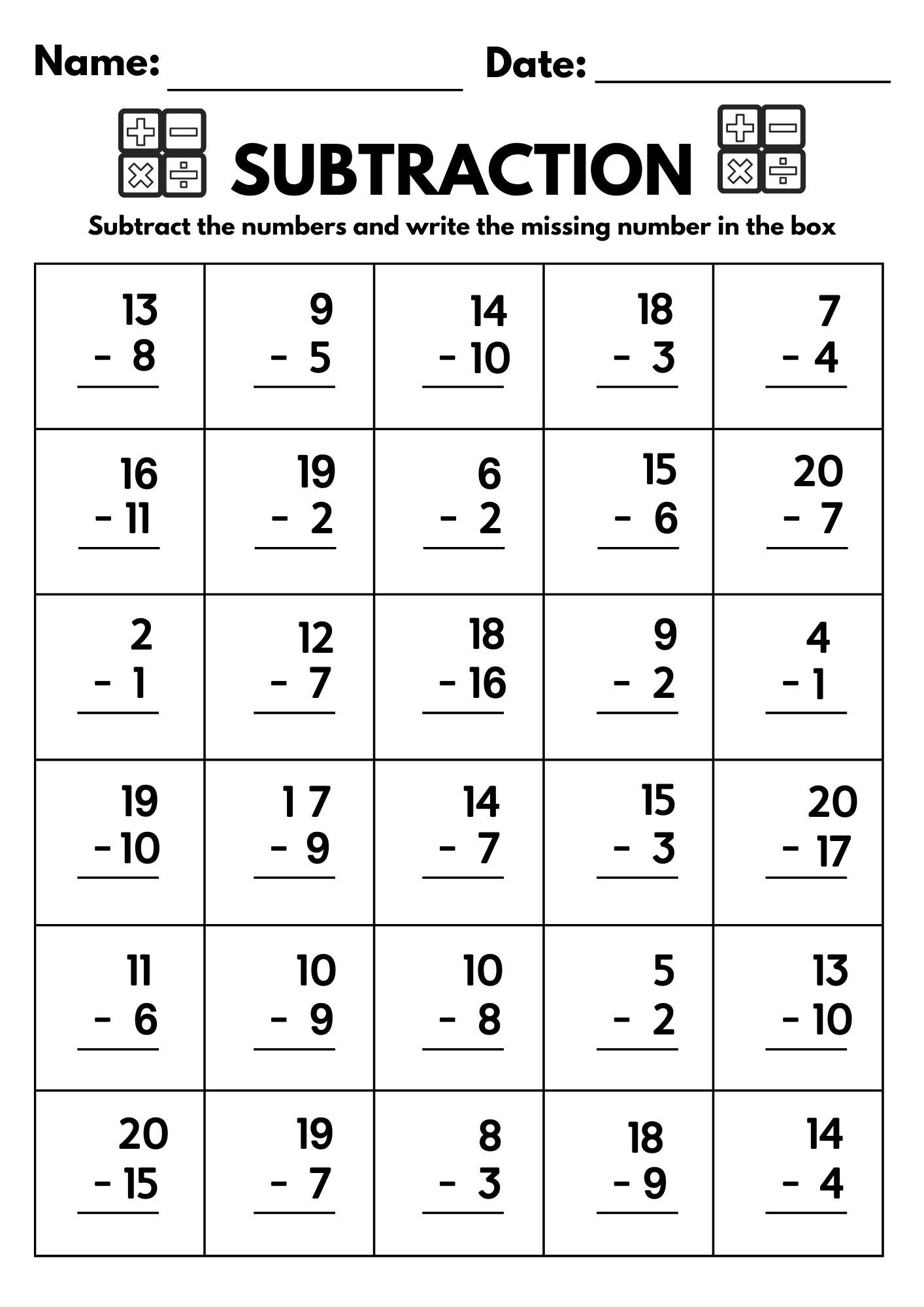 free printable subtraction worksheets