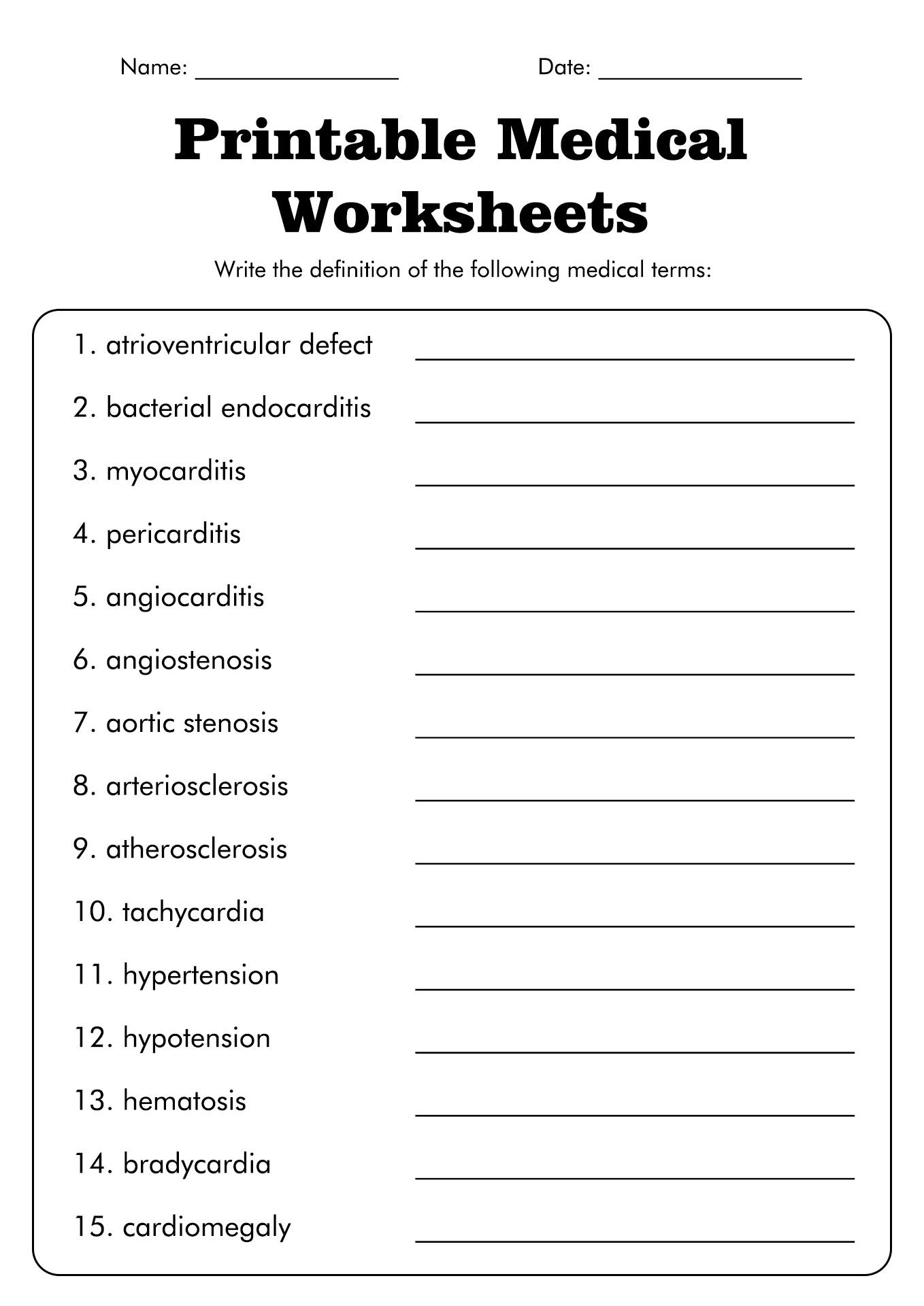 medical terminology worksheets printable
