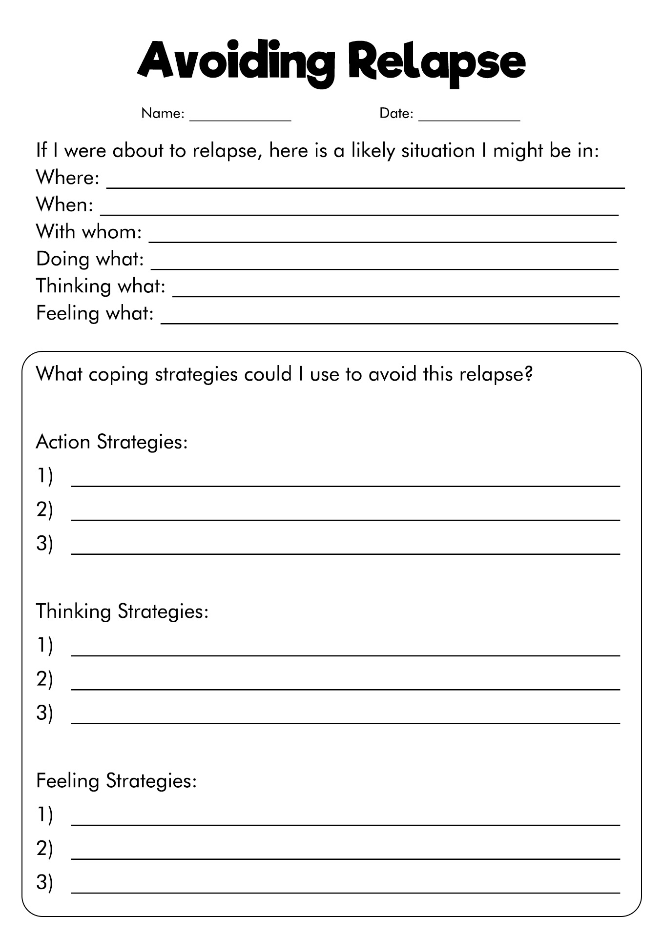 printable worksheets on relapse prevention
