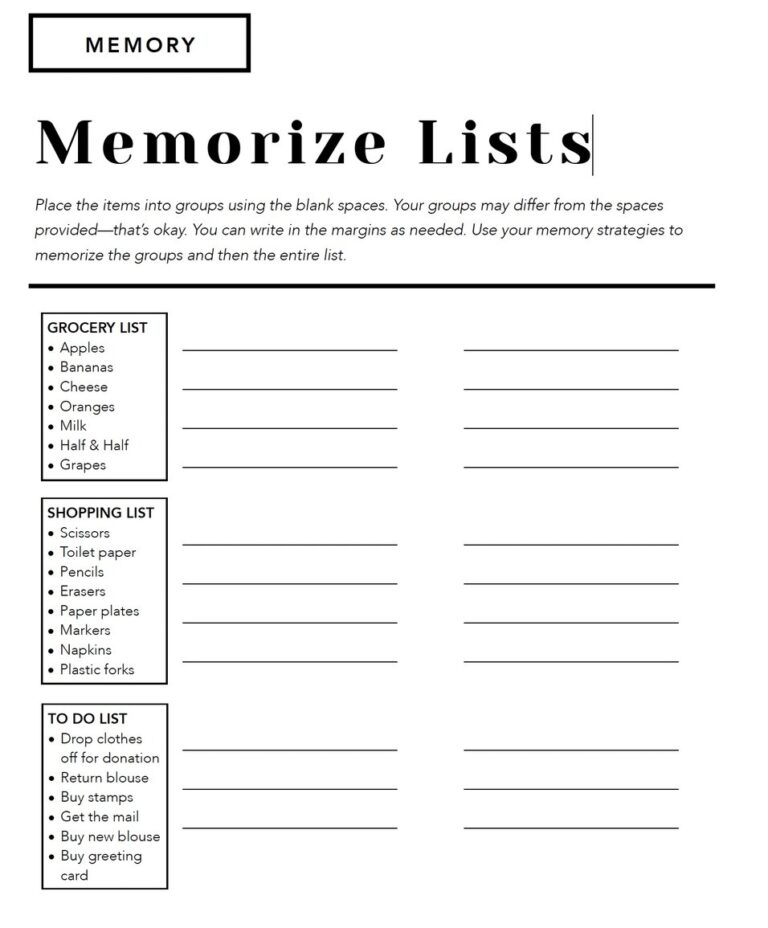 27 Functional Memory Tasks For Adults Speech Therapy Free Printable