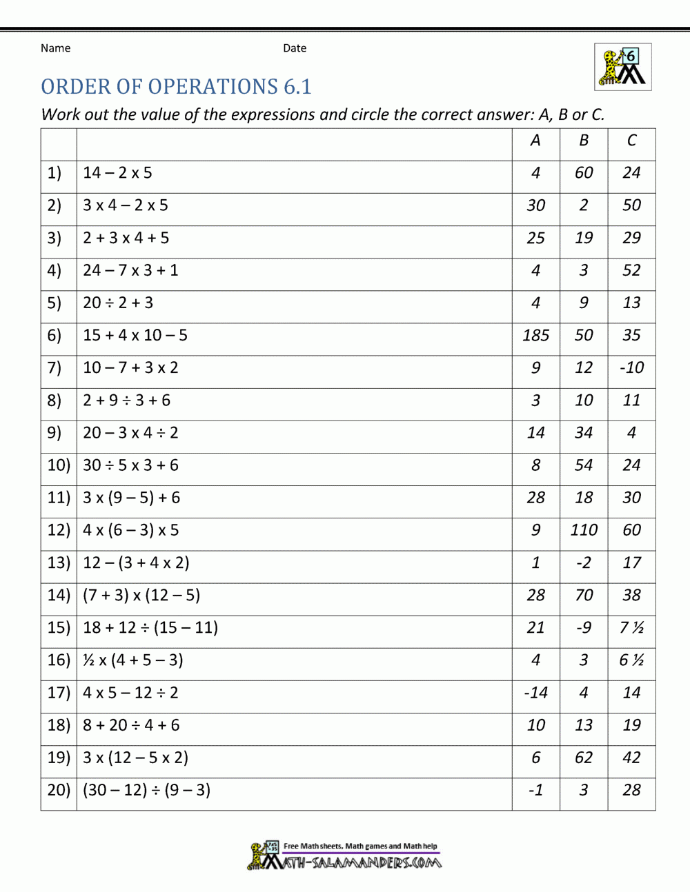 printable math worksheets for 6th grade