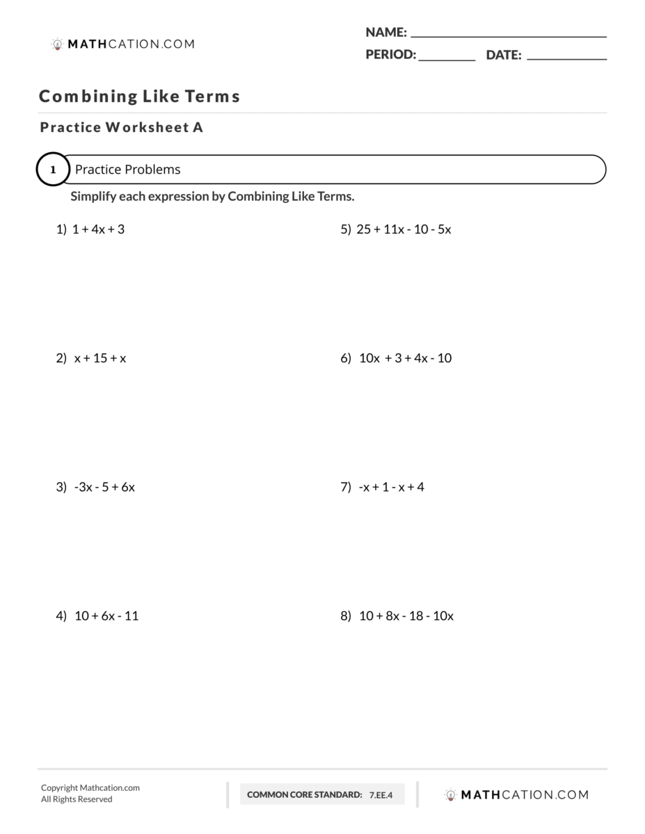 combining like terms printable worksheets