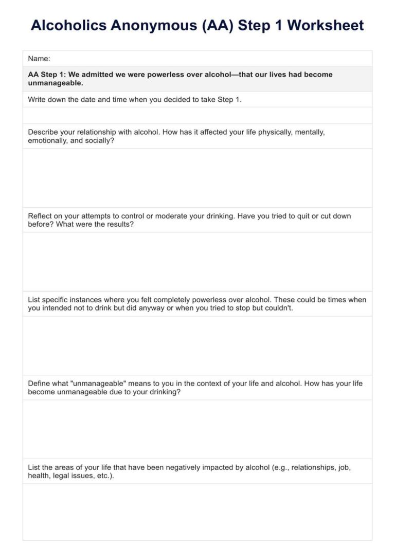 AA Step 1 Worksheet Example Free PDF Download