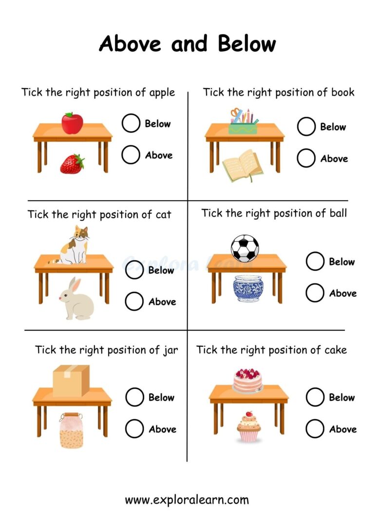 Above And Below Comparison Worksheets For Preschool And Kindergarten 2 To 6 Years Kids