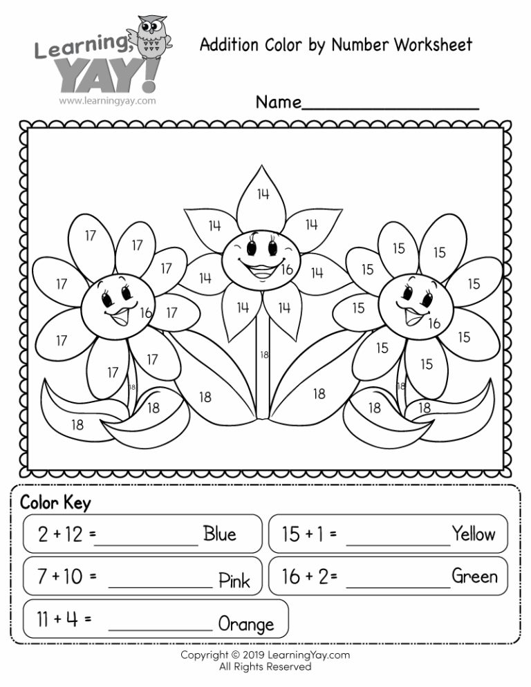 Addition Color By Number Worksheet For 1st Grade Free Printable