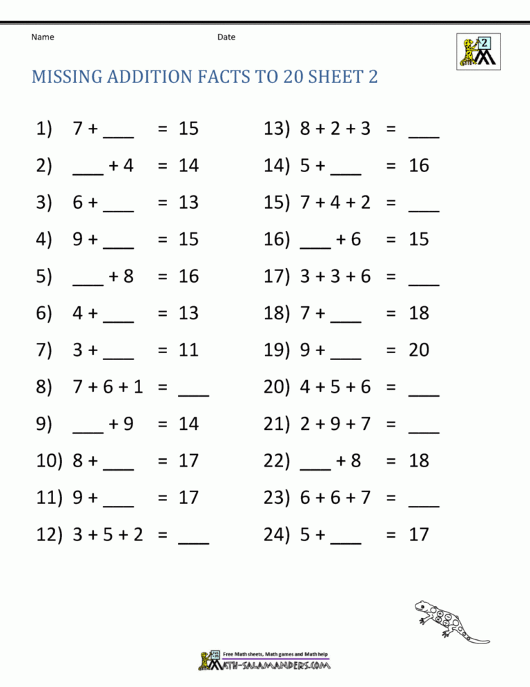 Addition Facts To 20 Worksheets