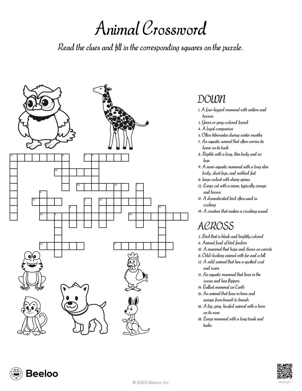 animal crossword printable