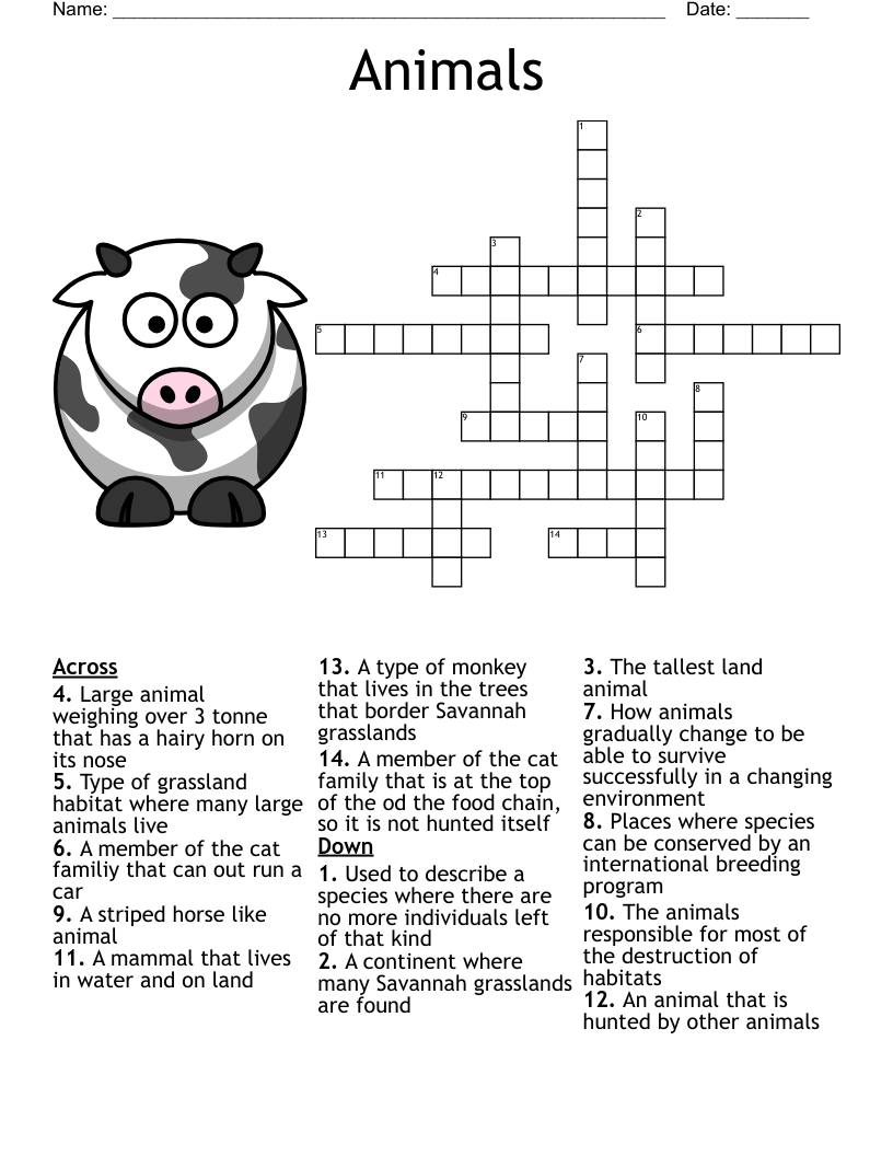 animal crossword puzzle printable