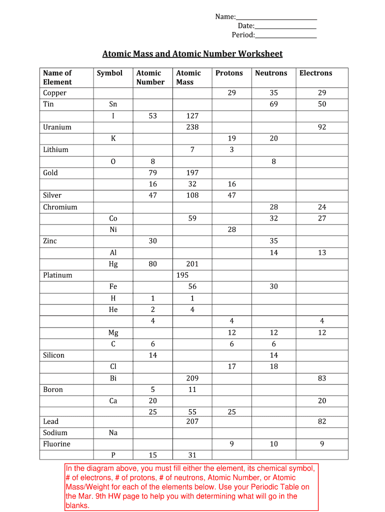 Atomic Atomic Number Worksheet Fill Online Printable Fillable Blank PdfFiller