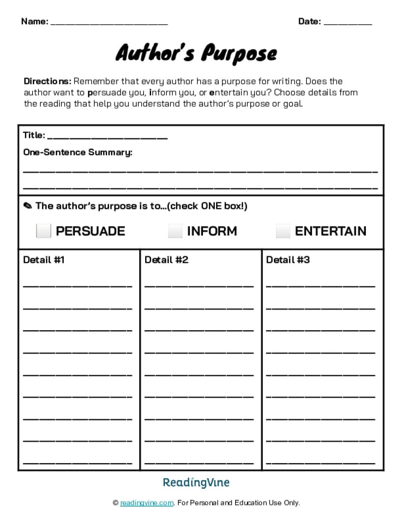 Author s Purpose Anchor Chart ReadingVine