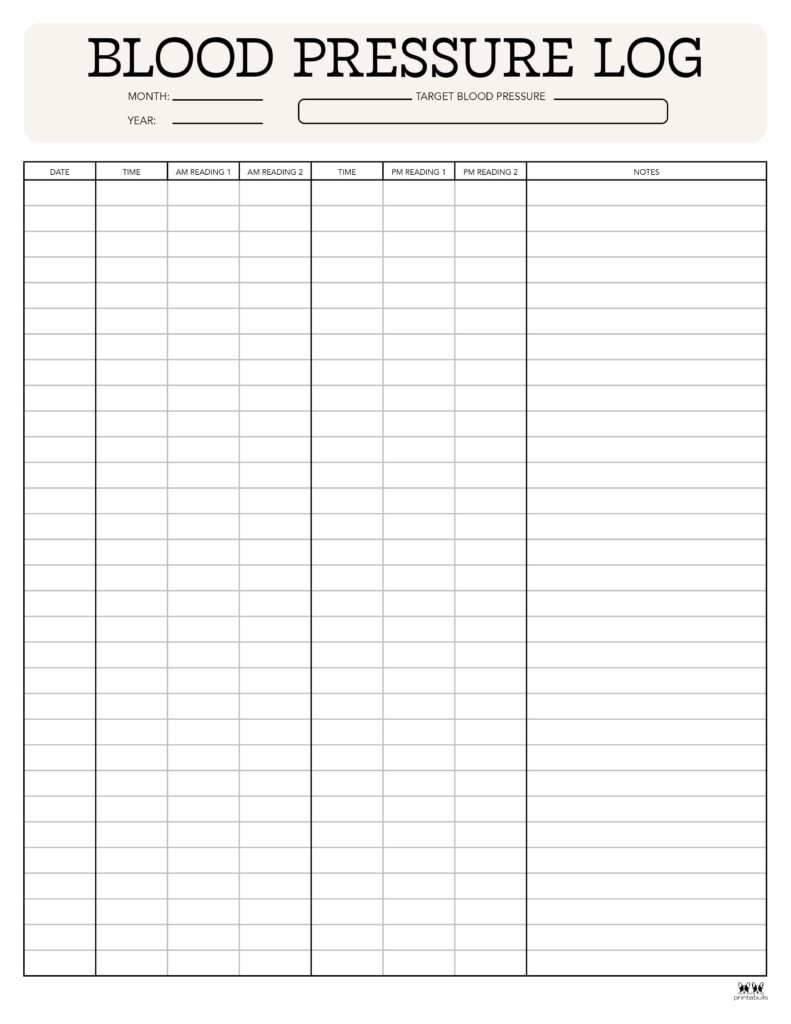 Blood Pressure Logs 25 FREE Printables Printabulls