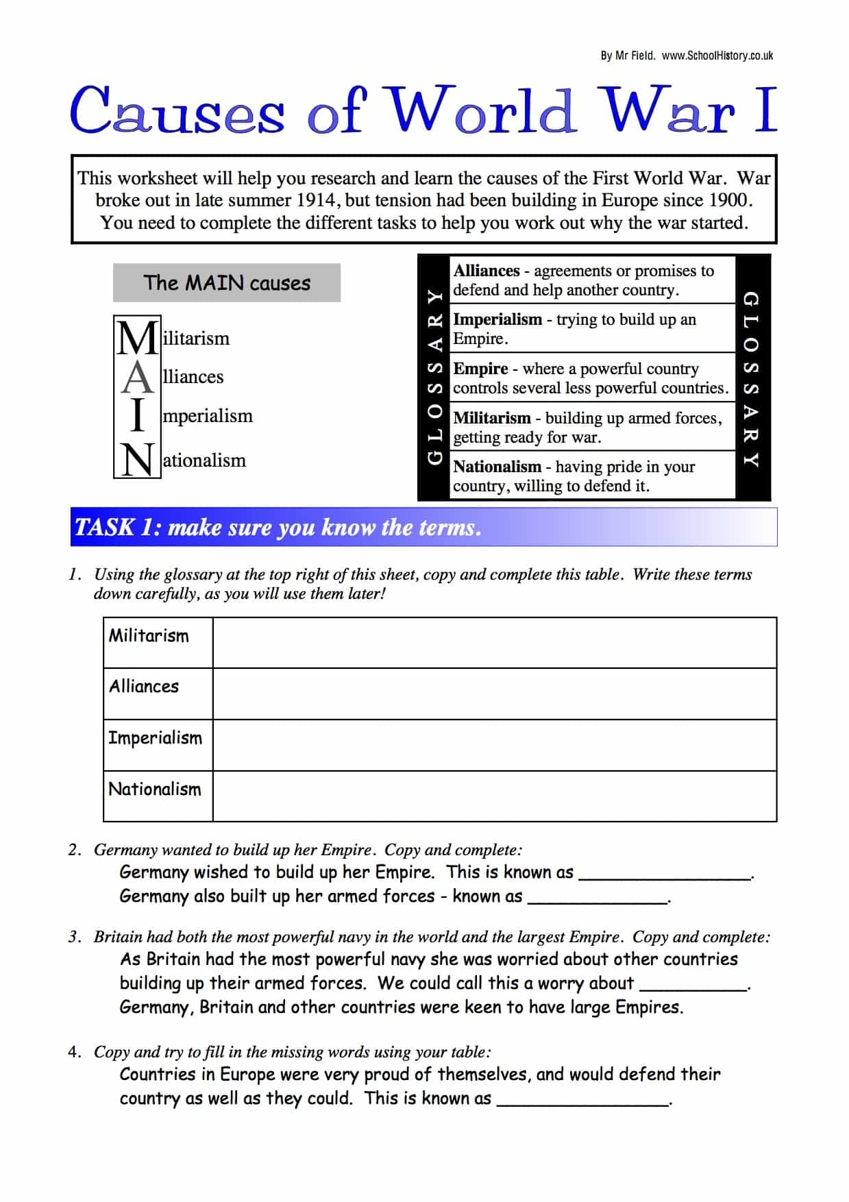 Causes Of World War I Lower Ability Worksheet GCSE Level