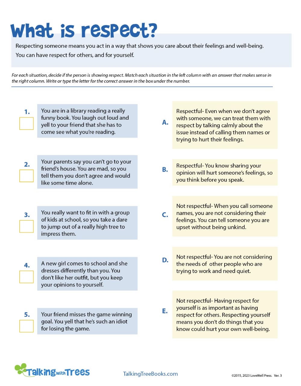 free printable character education worksheets