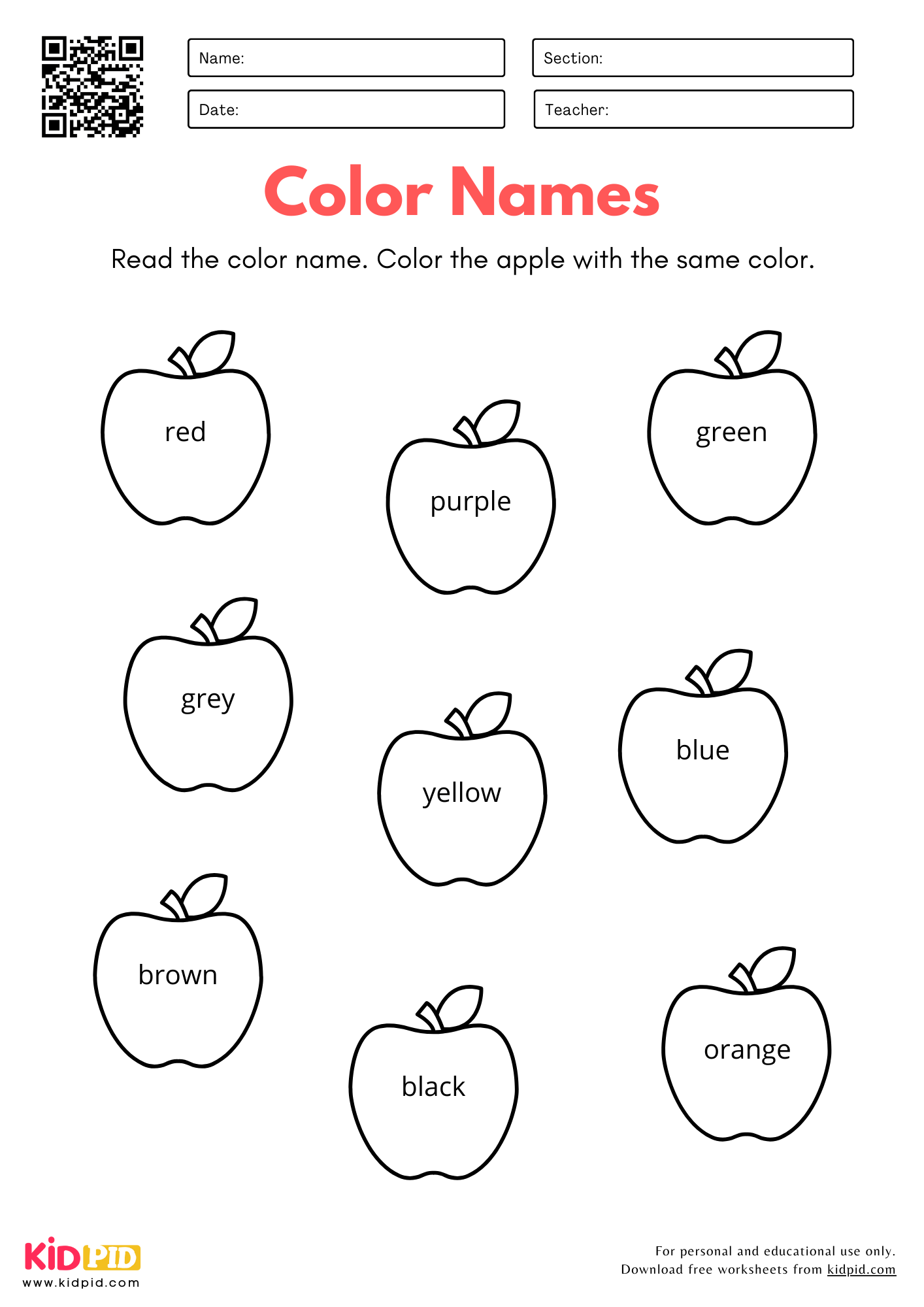 Color Names Worksheet For Kindergarten Kidpid