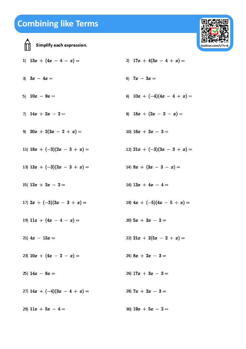 Combining Like Terms Worksheets