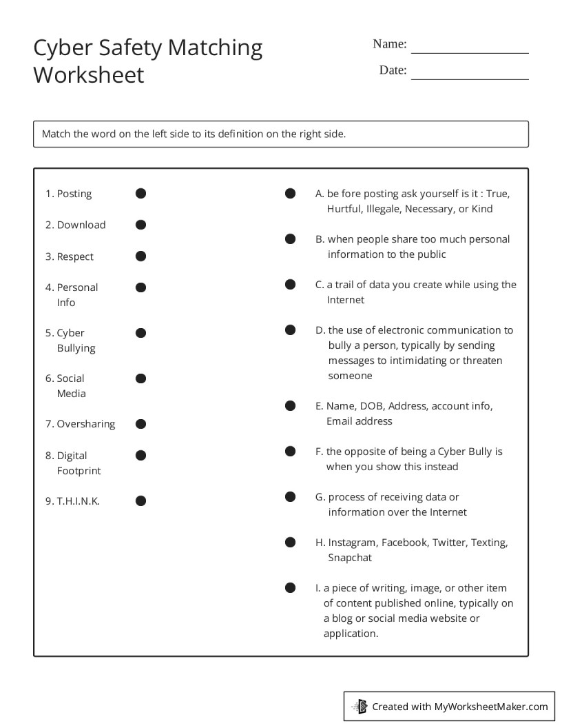 Cyber Safety Matching Worksheet My Worksheet Maker Create Your Own Worksheets