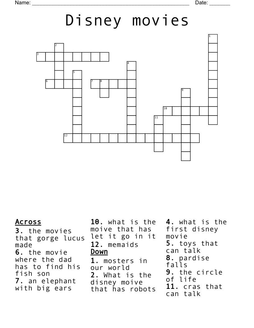 Disney Movies Crossword WordMint