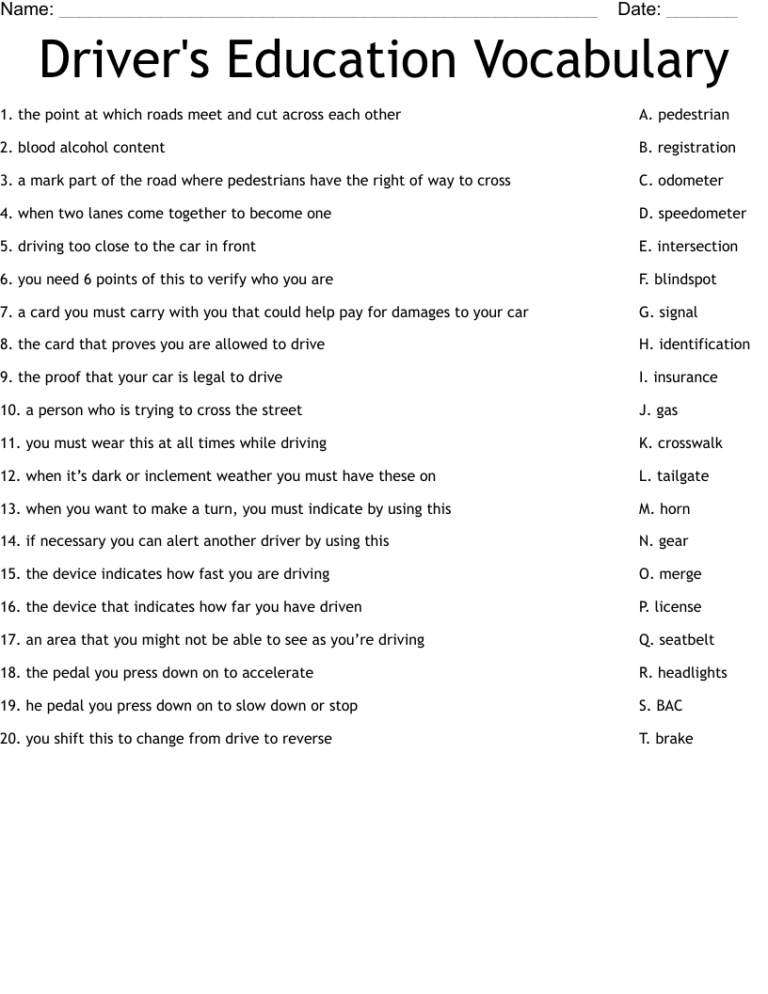 Driver s Education Vocabulary Worksheet WordMint
