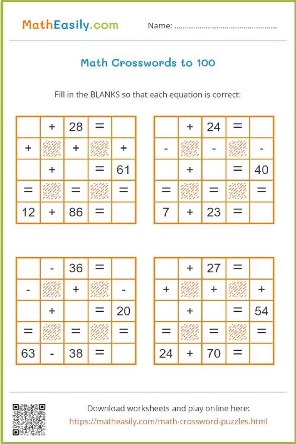maths crosswords printable