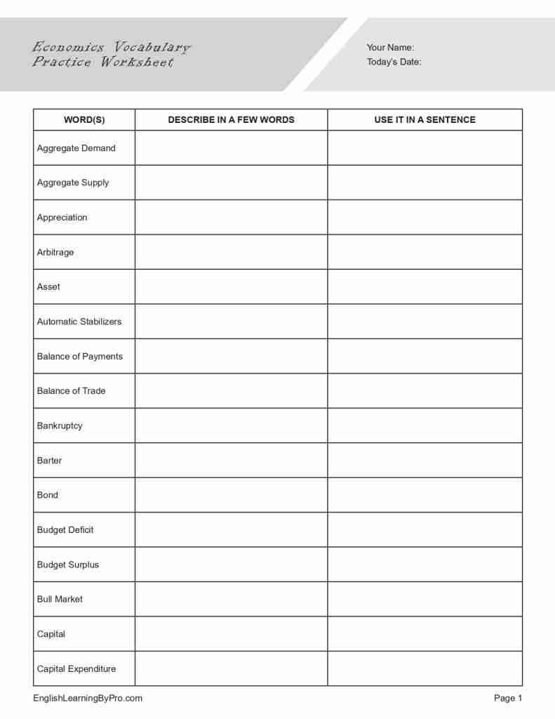 Economics Vocabulary Practice Worksheet Editable Fillable Printable PDF EnglishLearningByPro