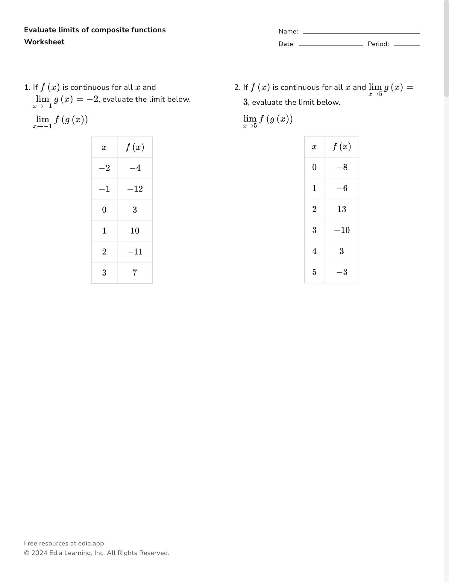 free printable worksheets evaluating limits pdf