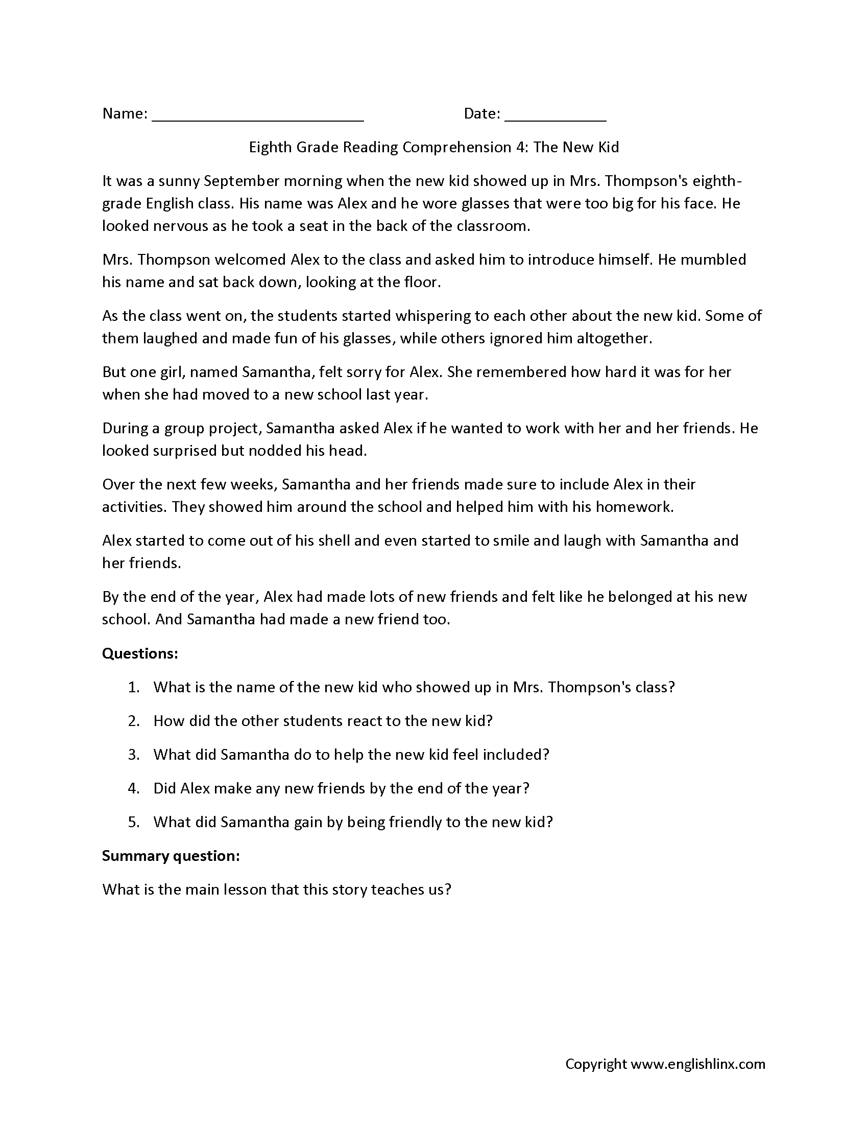 Eighth Grade Reading Comprehension Worksheets Passages Question Sets