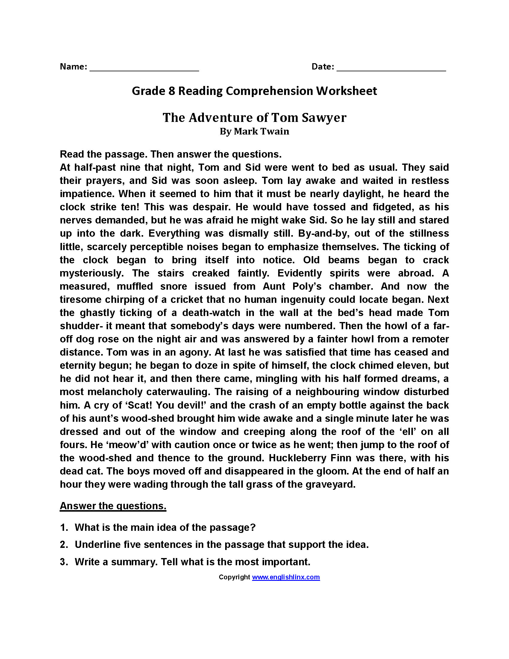 Eighth Grade Reading Worksheets Vocabulary Fluency Practice