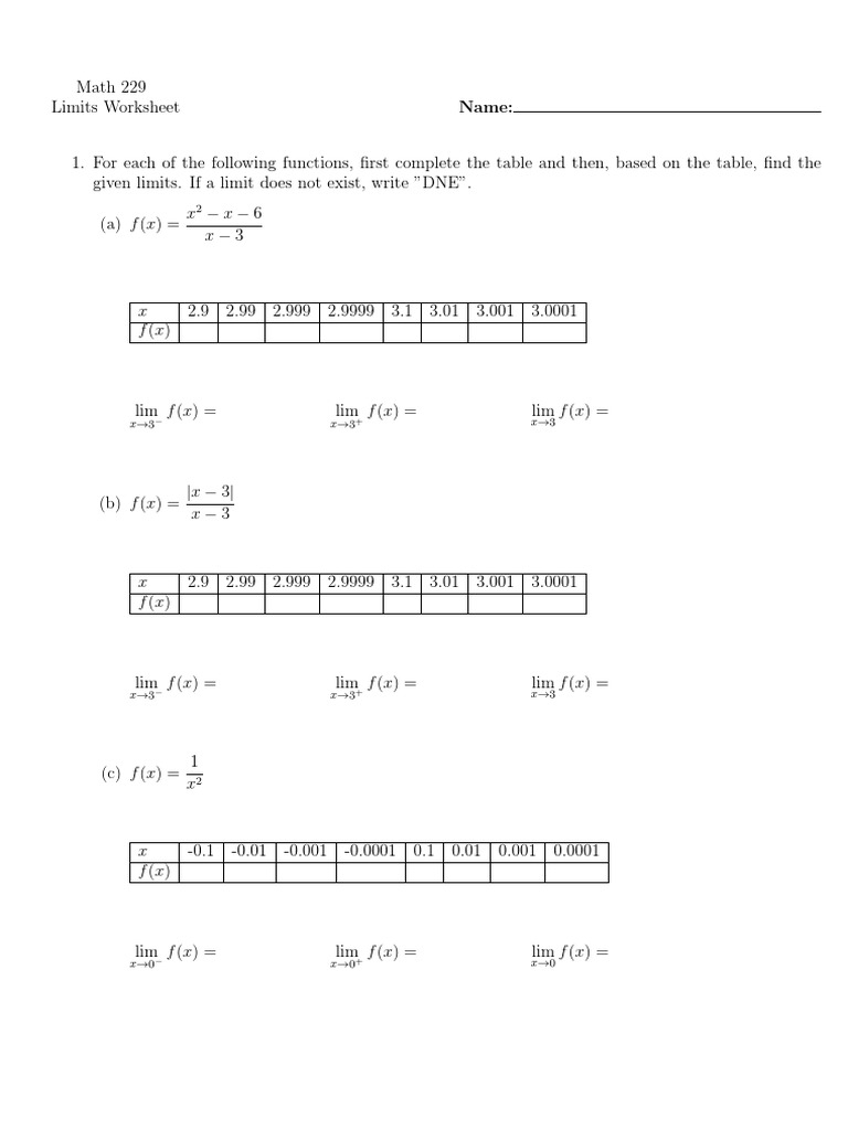 Evaluating Limits Worksheet Solutions PreCalculus Exercises Worksheets Library
