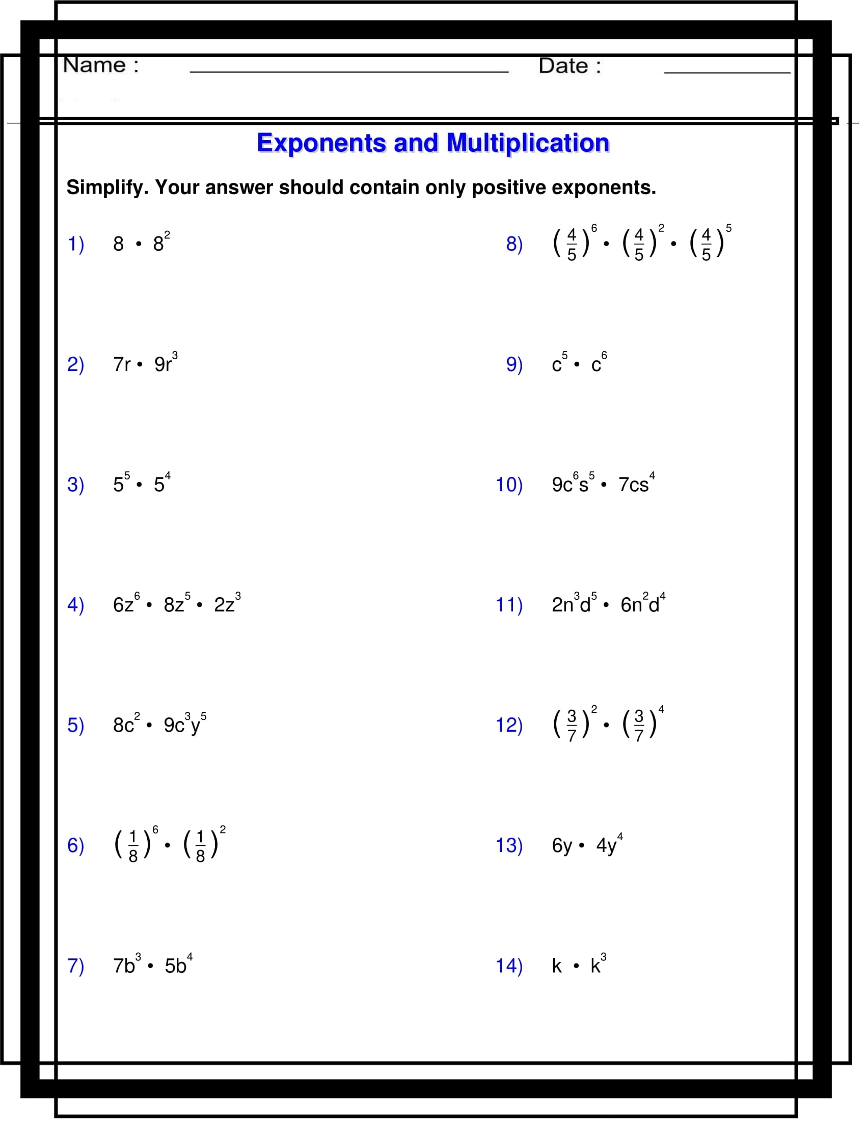 Exponents With Multiplication Algebra 1 Exponents Worksheets Made By Teachers