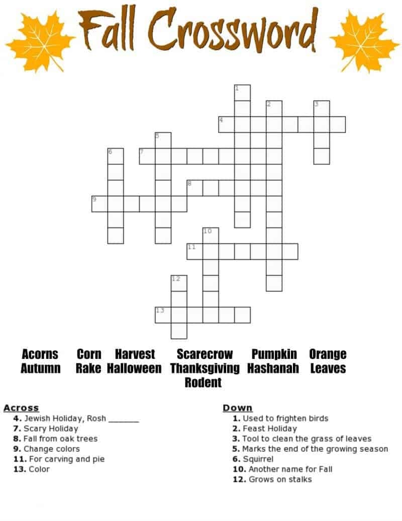 crossword with word bank printable