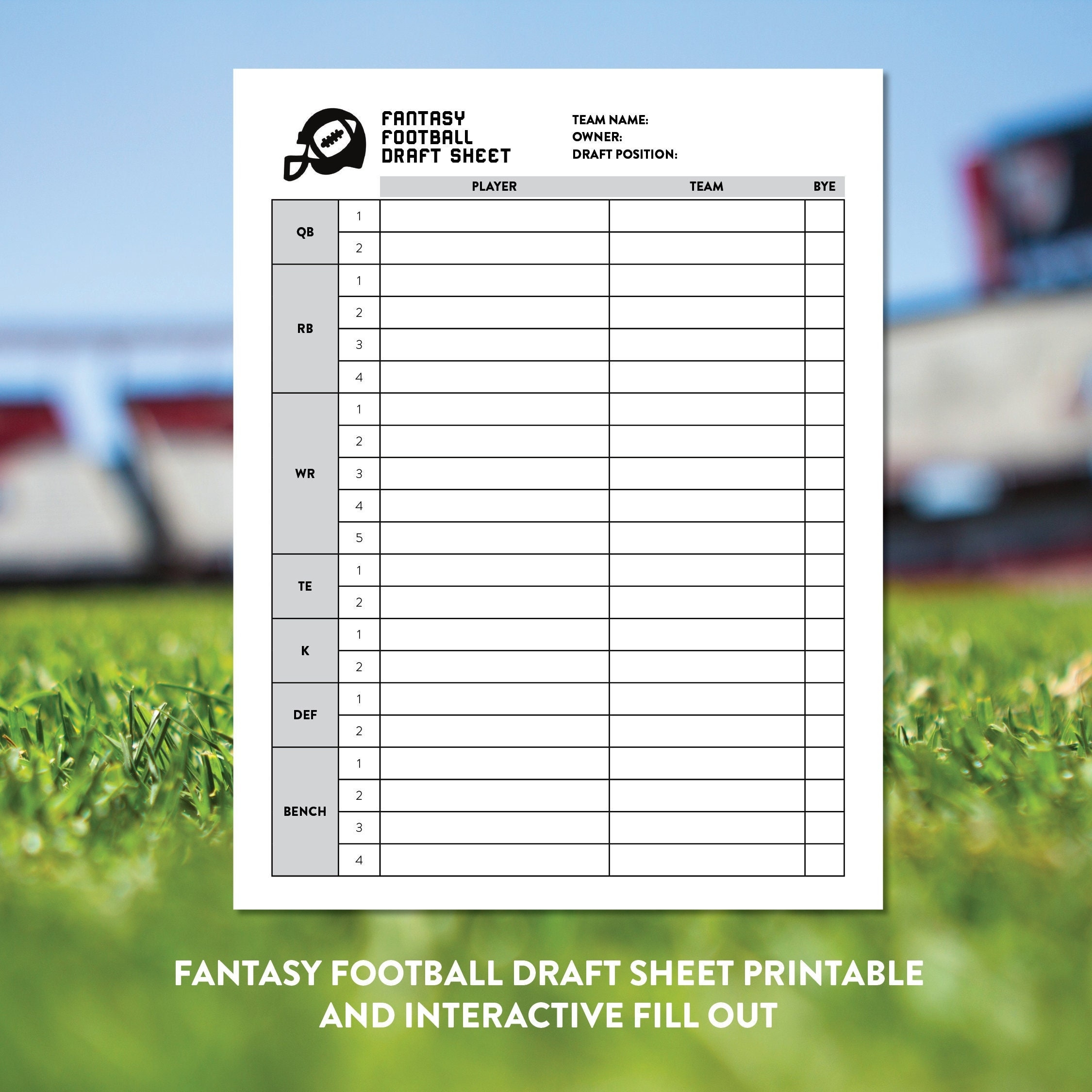 fantasy football draft worksheets printable
