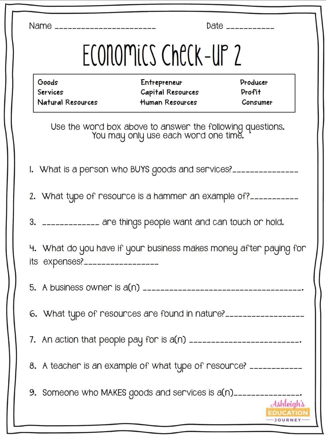 free printable economics worksheets