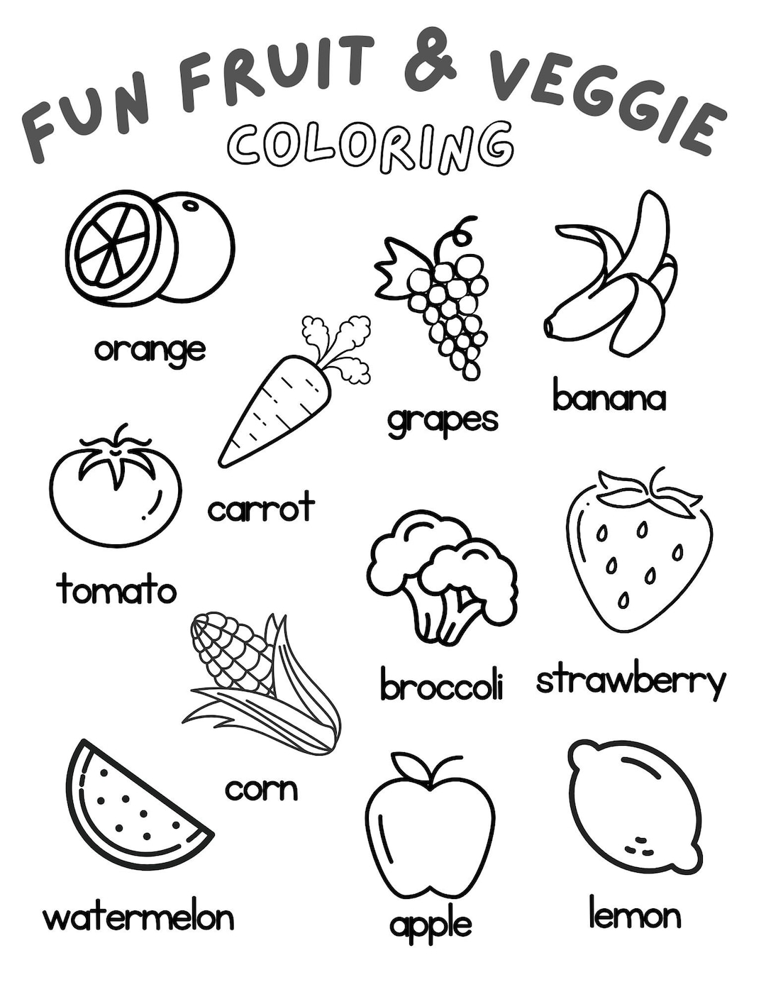 Fun Fruit Veggie Coloring Sheet Etsy