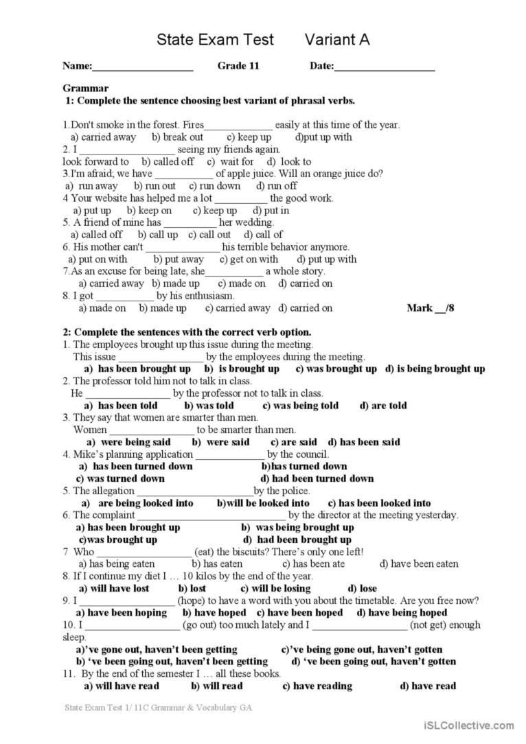 Grade 11 State Exam English ESL Worksheets Pdf Doc