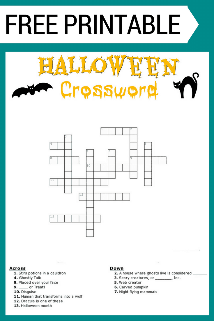 Halloween Crossword Printable With Or Without Word Bank 
