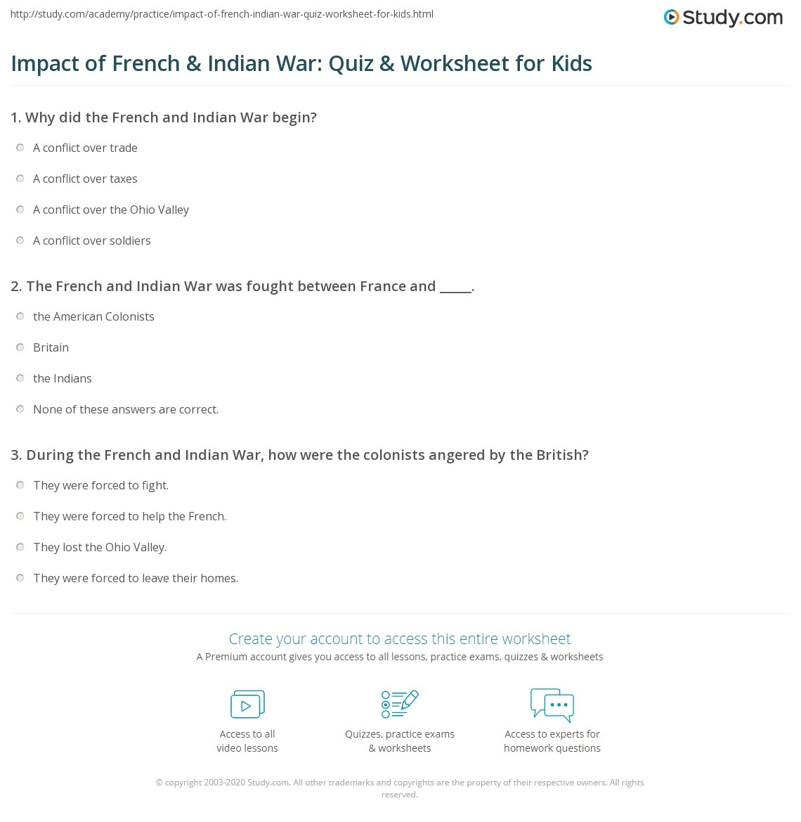 Impact Of French Indian War Quiz Worksheet For Kids Study