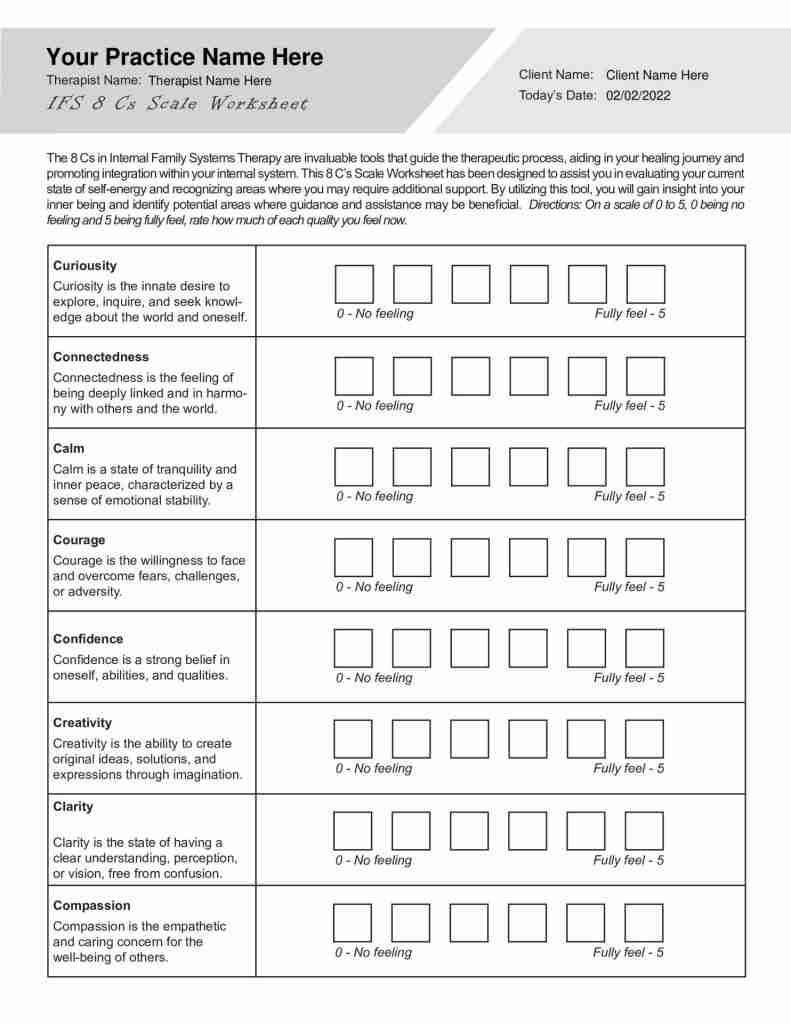 Internal Family Systems 8 Cs Scale Worksheet Editable Fillable Printable PDF TherapyPatron