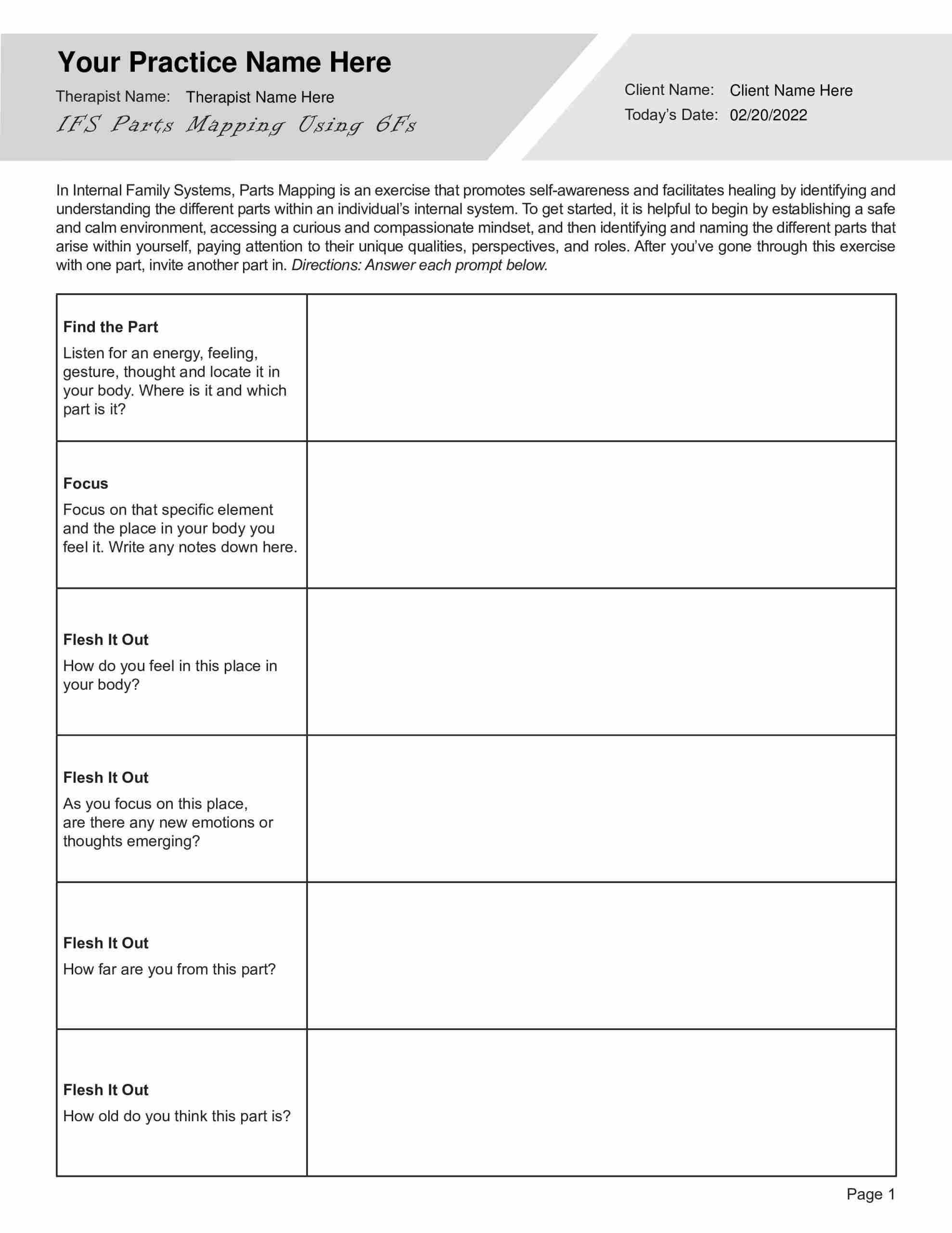 Internal Family Systems Parts Mapping Using 6Fs Worksheet TherapyByPro