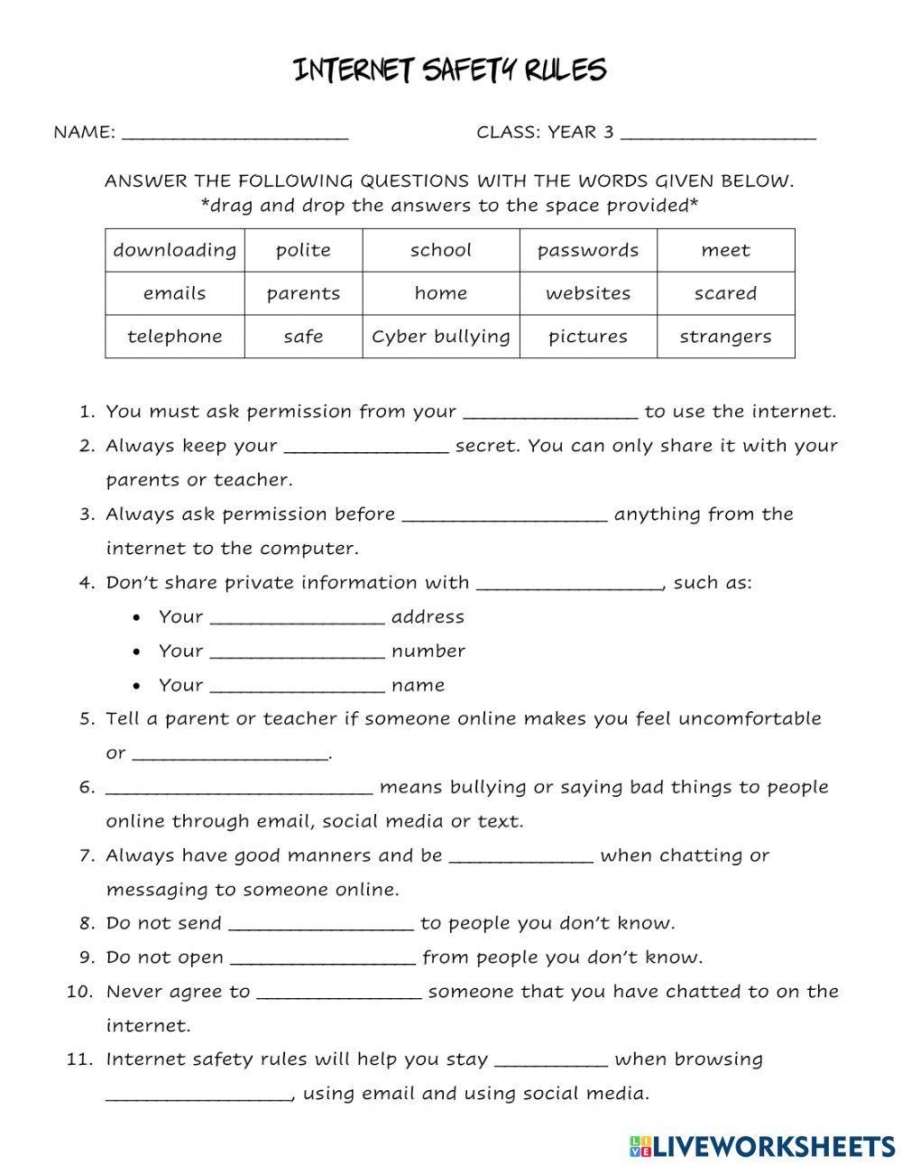 free printable internet safety worksheets