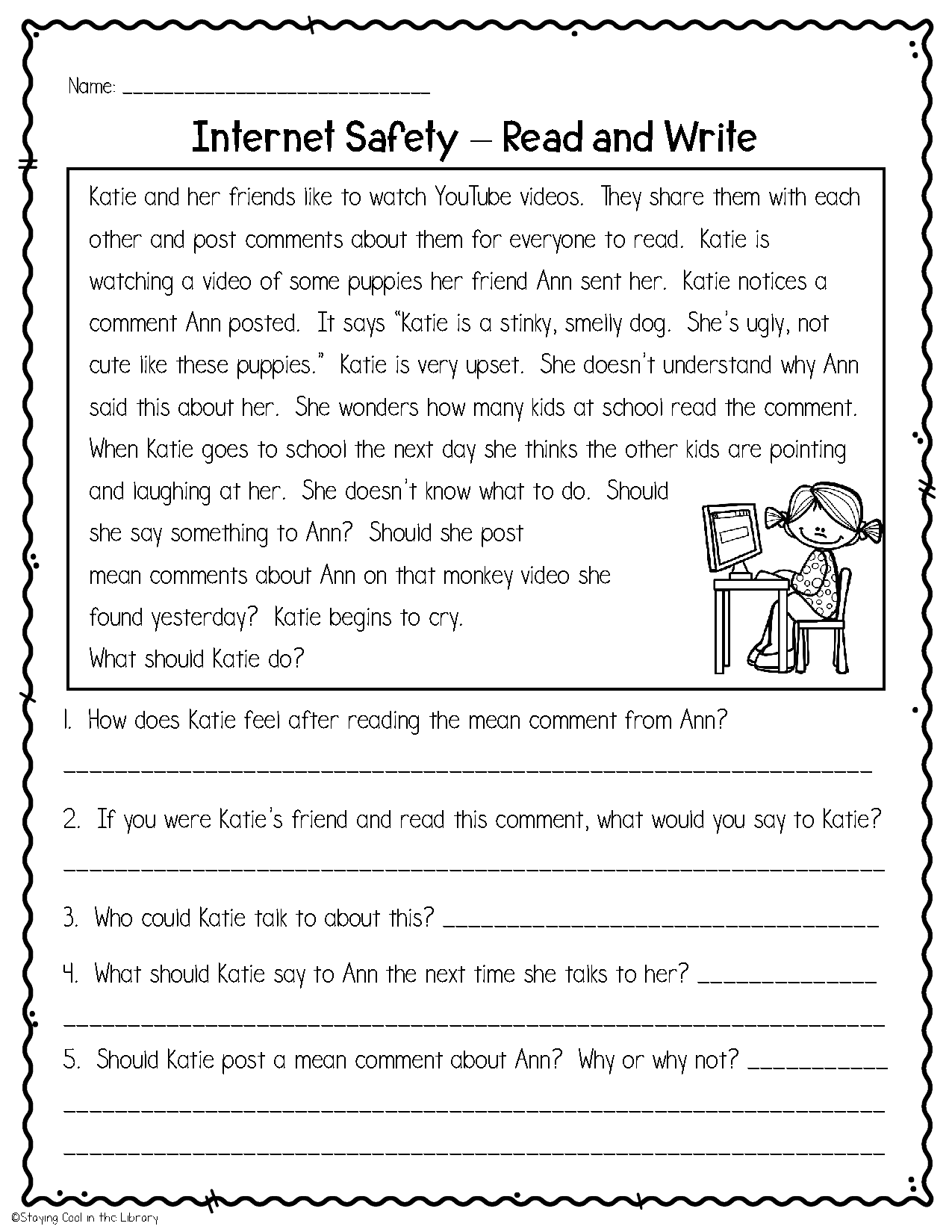 Internet Safety Worksheets And Task Cards Staying Cool In The Library