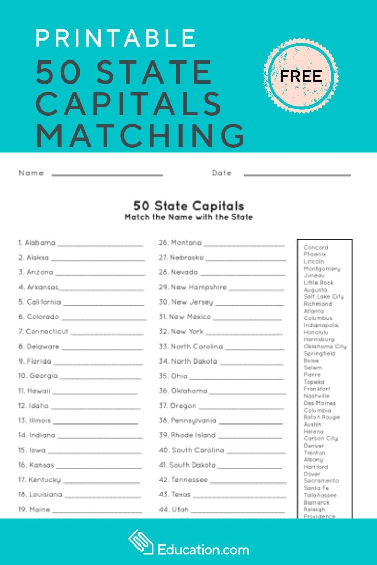 Match The Capital To The State Worksheet Education