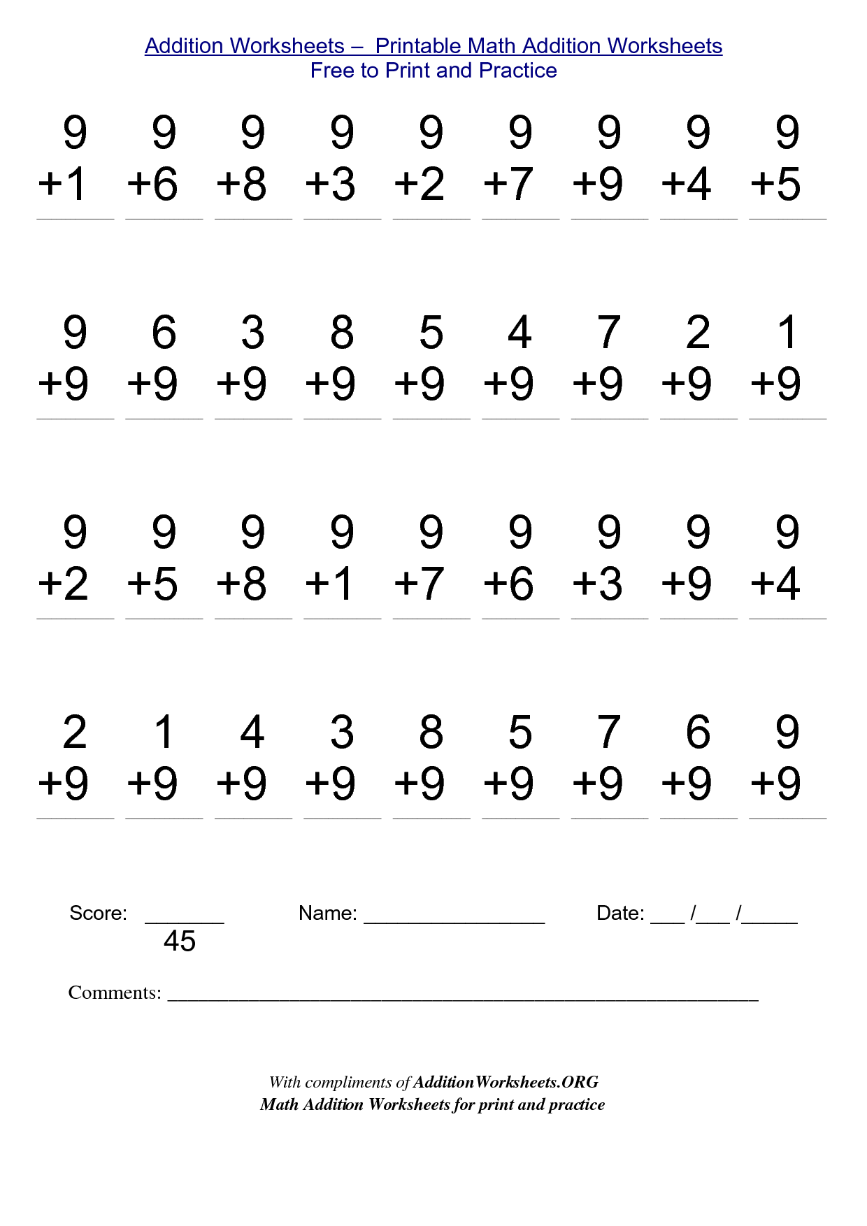 free addition worksheets printable