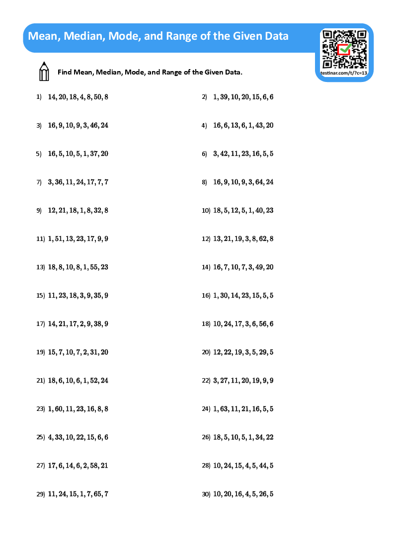 Mean Median Mode And Range Of The Given Data Worksheets