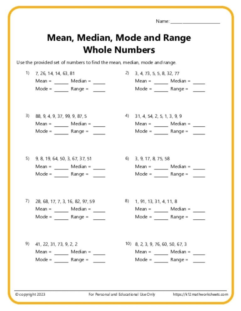 Mean Median Mode Range Worksheets