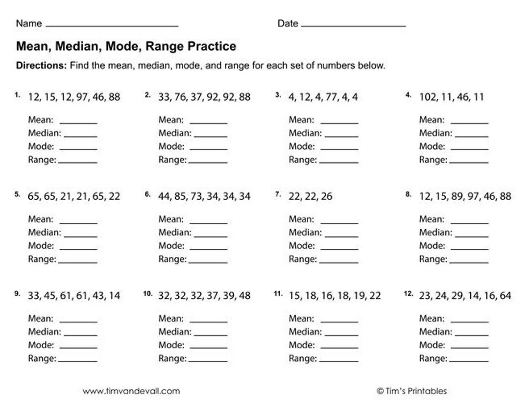 Mean Median Mode Range Worksheets PDF 3 Printable Worksheets Etsy Israel