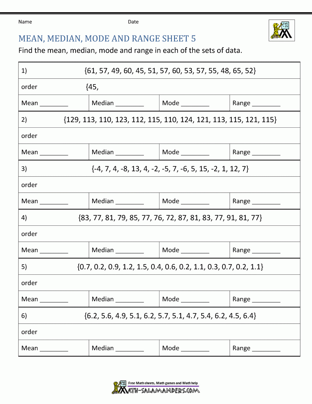 mean median mode printable worksheets