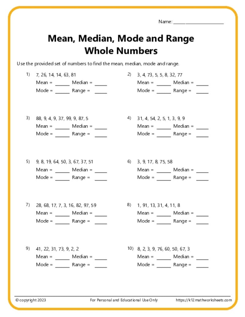 Mean Median Mode Range Worksheets