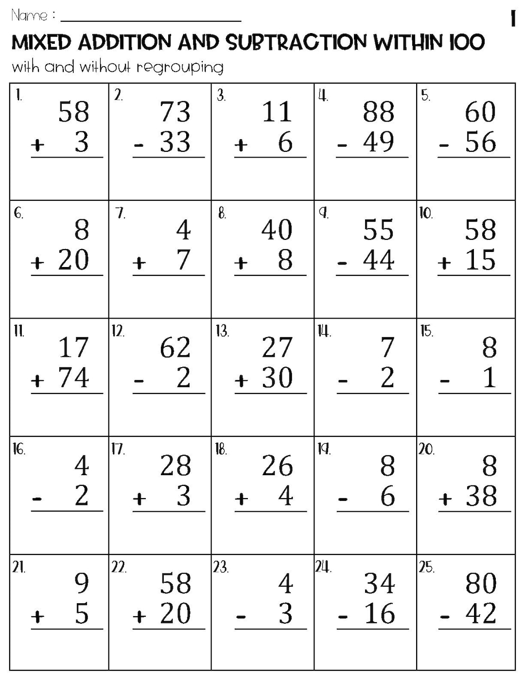 Mixed Addition And Subtraction Within 100 Worksheets Etsy