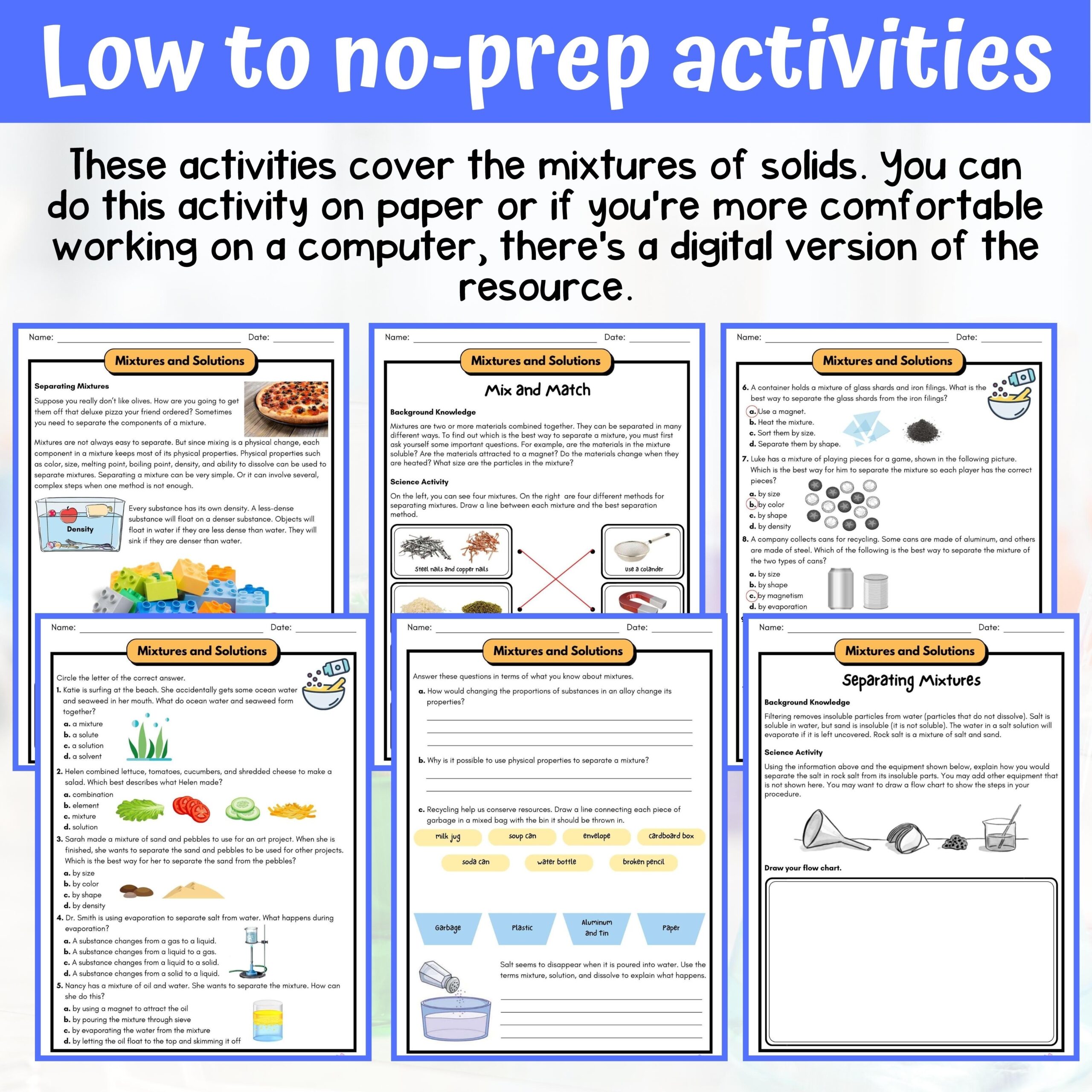Mixtures And Solutions Activity Answer Key 5th Grade Physical Science Classful